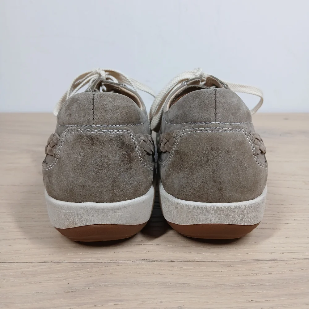 Aetrex Taupe Tan Leather Lace Up Comfort Walking Braided Detail Sneakers 1640